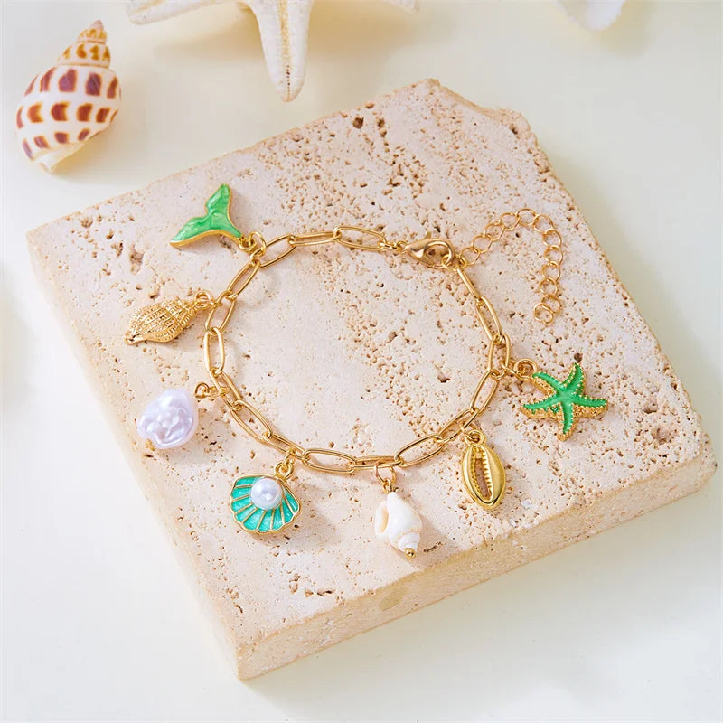 Summer Beach Trendy Pearl Shell Starfish Charm Bracelet for Women Gold Color Link Chain Bracelets Vacation Jewelry Accessories