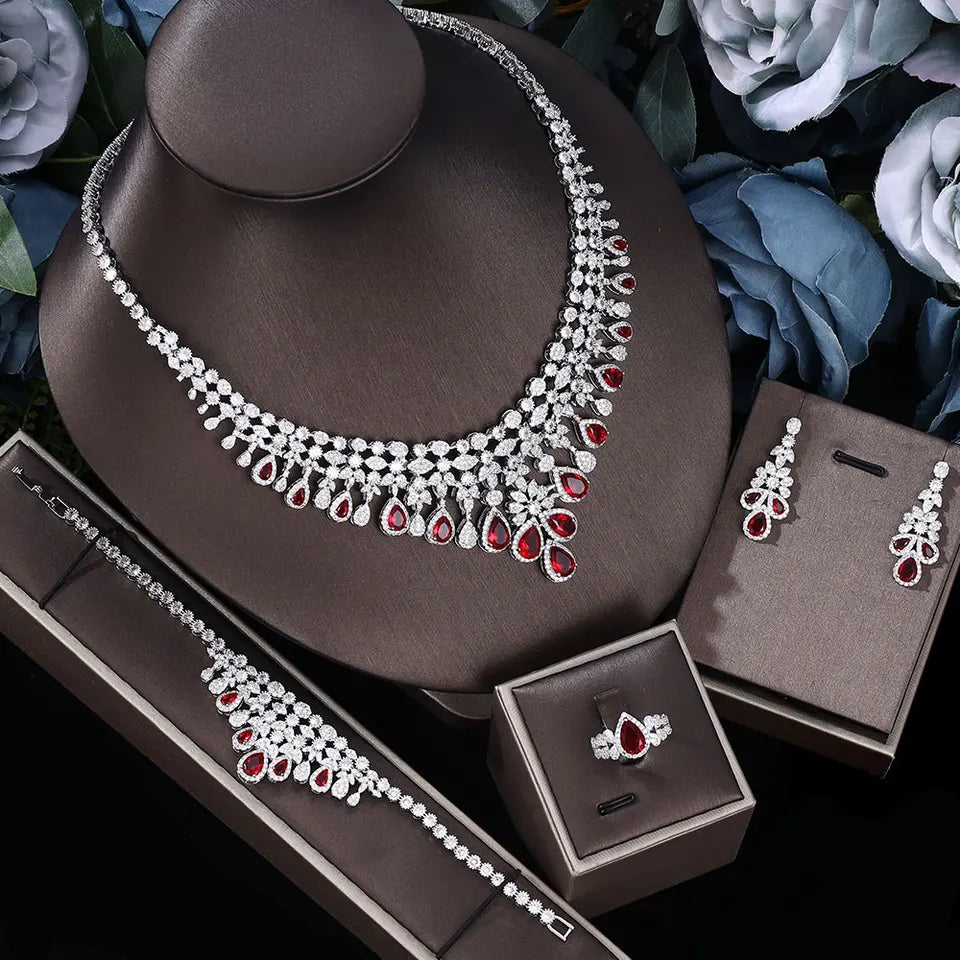 2026 Zircon Super Deluxe Tassel Water Drop Big Wedding Bridal Necklace Earrings 4 Pieces Nigerian Dubai Women's Jewelry Set
