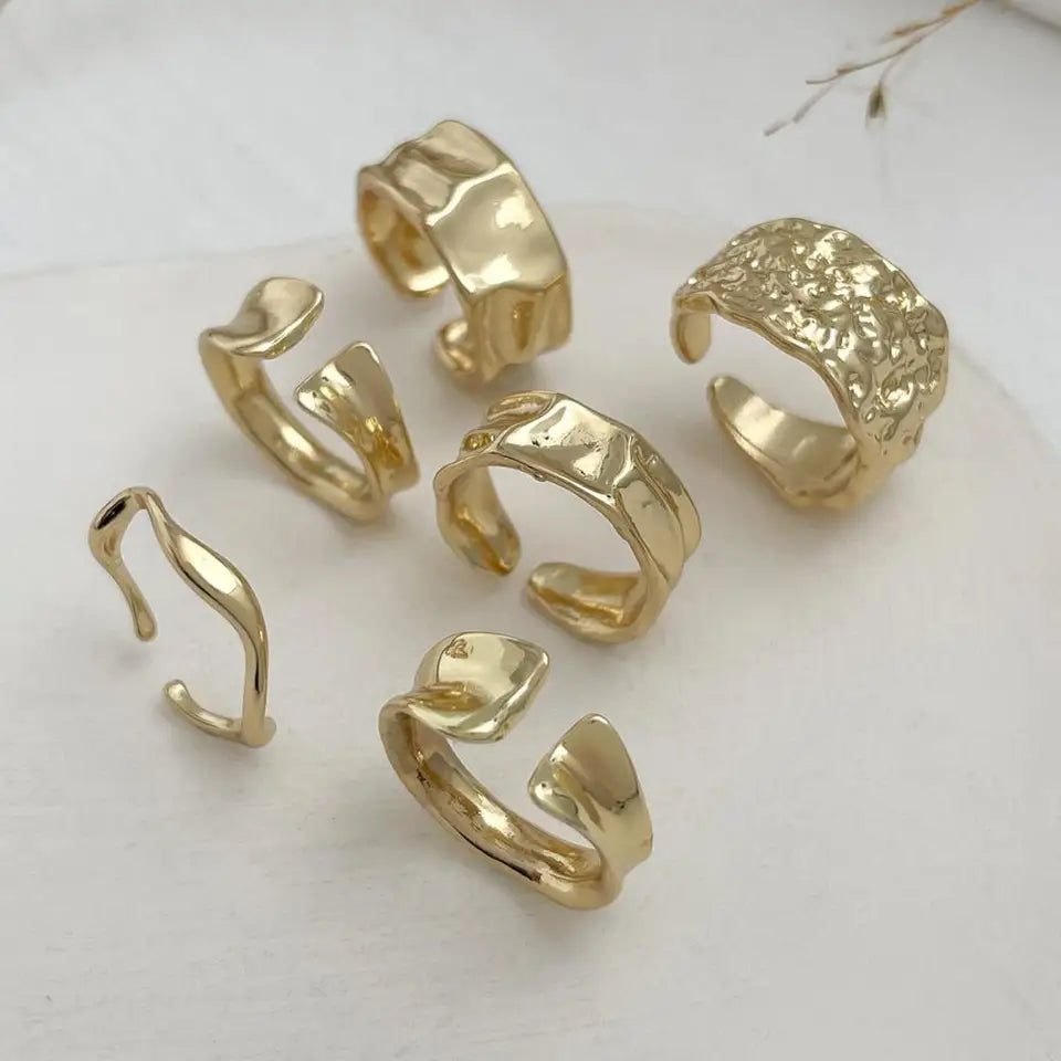 6Pcs/Set Vintage Sun Starfish Open Rings for Women Men Punk Irregular Pleated Pearl Ring Summer Holiday Personalized Jewelry