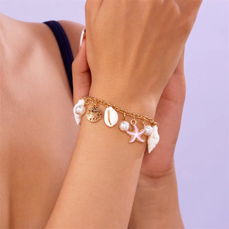 Summer Beach Trendy Pearl Shell Starfish Charm Bracelet for Women Gold Color Link Chain Bracelets Vacation Jewelry Accessories