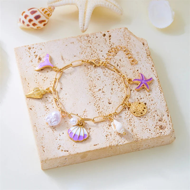 Summer Beach Trendy Pearl Shell Starfish Charm Bracelet for Women Gold Color Link Chain Bracelets Vacation Jewelry Accessories