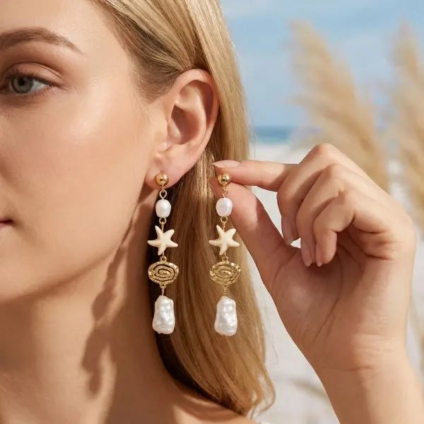 Boho Ocean Style Starfish Shell Pendant Earrings for Women Summer Seaside Conch Scallop Pearl Earring Beach Party Charm Jewelry