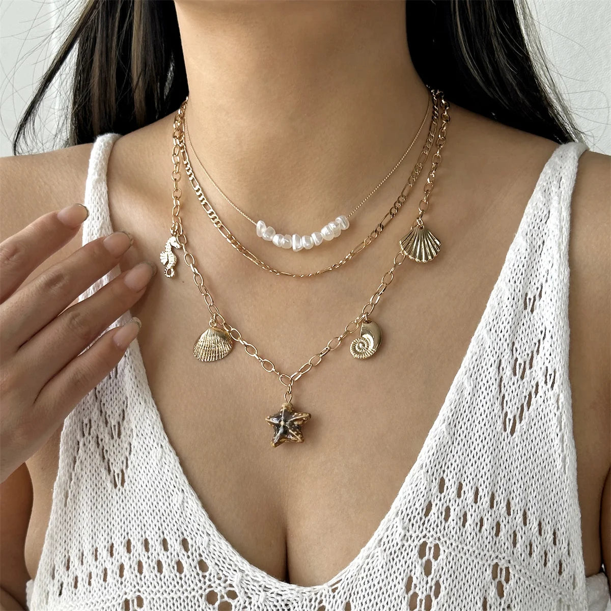 Bohemian Starfish Shell Pendant Necklace For Women Trendy Summer Beach Pearl Chain OT Buckle Choker Girls Travel Party Jewelry