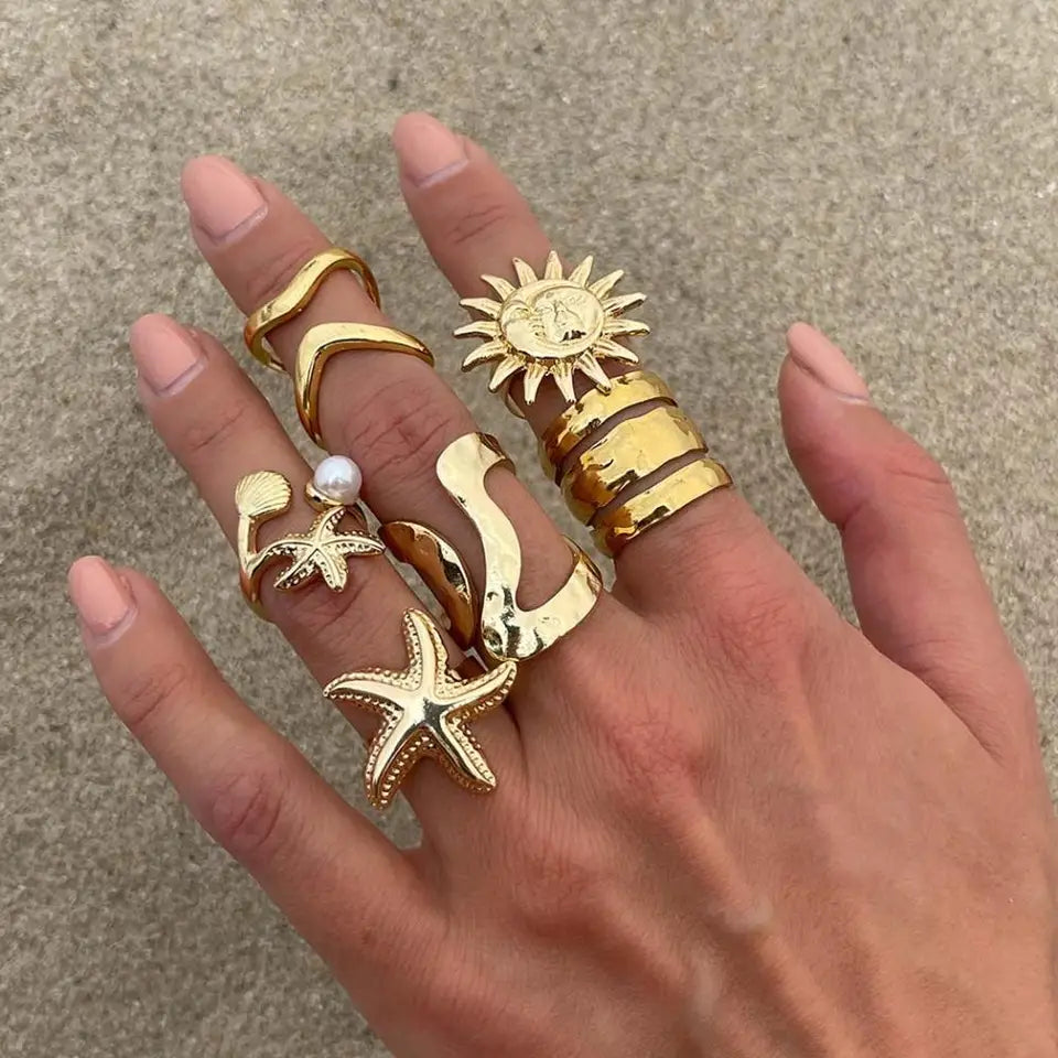 6Pcs/Set Vintage Sun Starfish Open Rings for Women Men Punk Irregular Pleated Pearl Ring Summer Holiday Personalized Jewelry