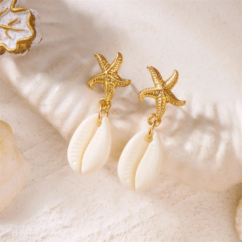 Boho Ocean Style Starfish Shell Pendant Earrings for Women Summer Seaside Conch Scallop Pearl Earring Beach Party Charm Jewelry