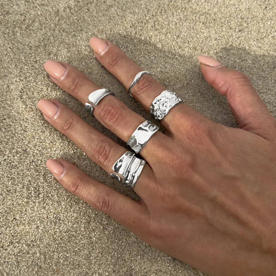 6Pcs/Set Vintage Sun Starfish Open Rings for Women Men Punk Irregular Pleated Pearl Ring Summer Holiday Personalized Jewelry