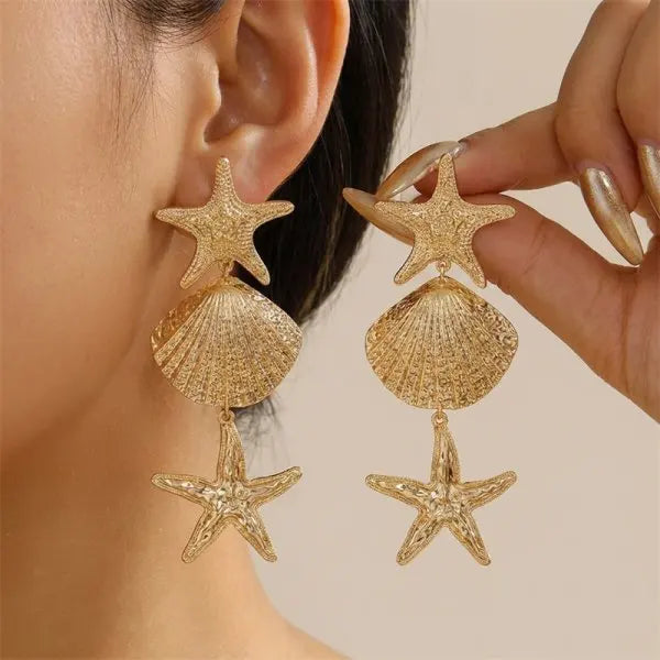Boho Ocean Style Starfish Shell Pendant Earrings for Women Summer Seaside Conch Scallop Pearl Earring Beach Party Charm Jewelry