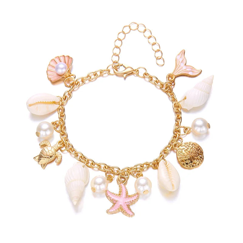 Summer Beach Trendy Pearl Shell Starfish Charm Bracelet for Women Gold Color Link Chain Bracelets Vacation Jewelry Accessories