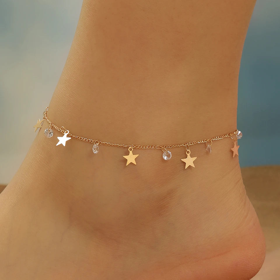 Kinitial Stainless Steel Zircon Star Anklets For Women Girls Summer Beach Foot Jewelry Fashion Birthday Party Gift