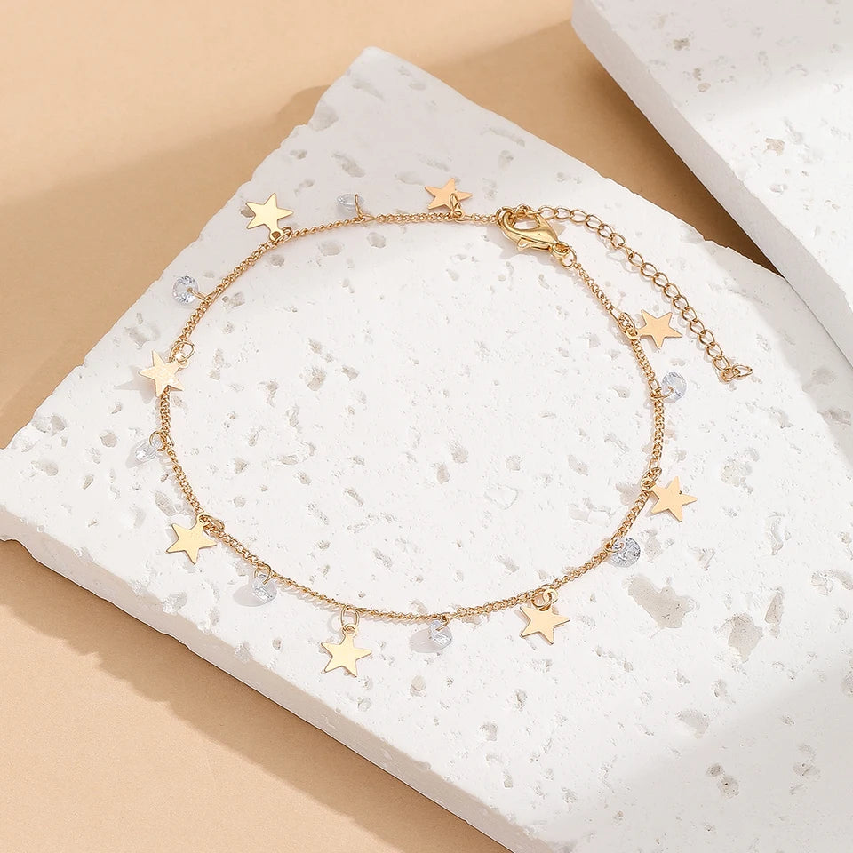 Kinitial Stainless Steel Zircon Star Anklets For Women Girls Summer Beach Foot Jewelry Fashion Birthday Party Gift