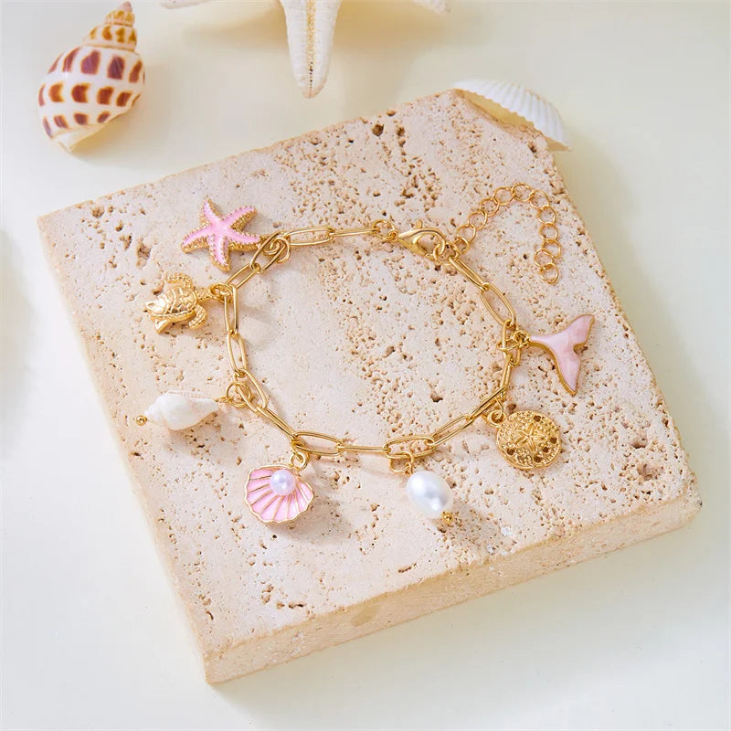 Summer Beach Trendy Pearl Shell Starfish Charm Bracelet for Women Gold Color Link Chain Bracelets Vacation Jewelry Accessories