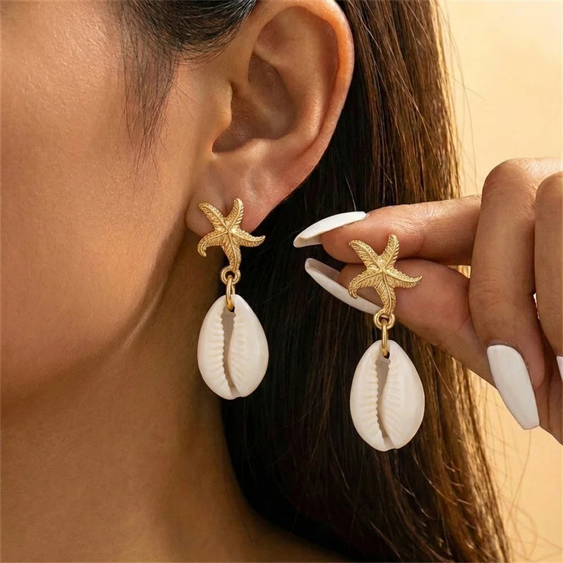 Boho Ocean Style Starfish Shell Pendant Earrings for Women Summer Seaside Conch Scallop Pearl Earring Beach Party Charm Jewelry