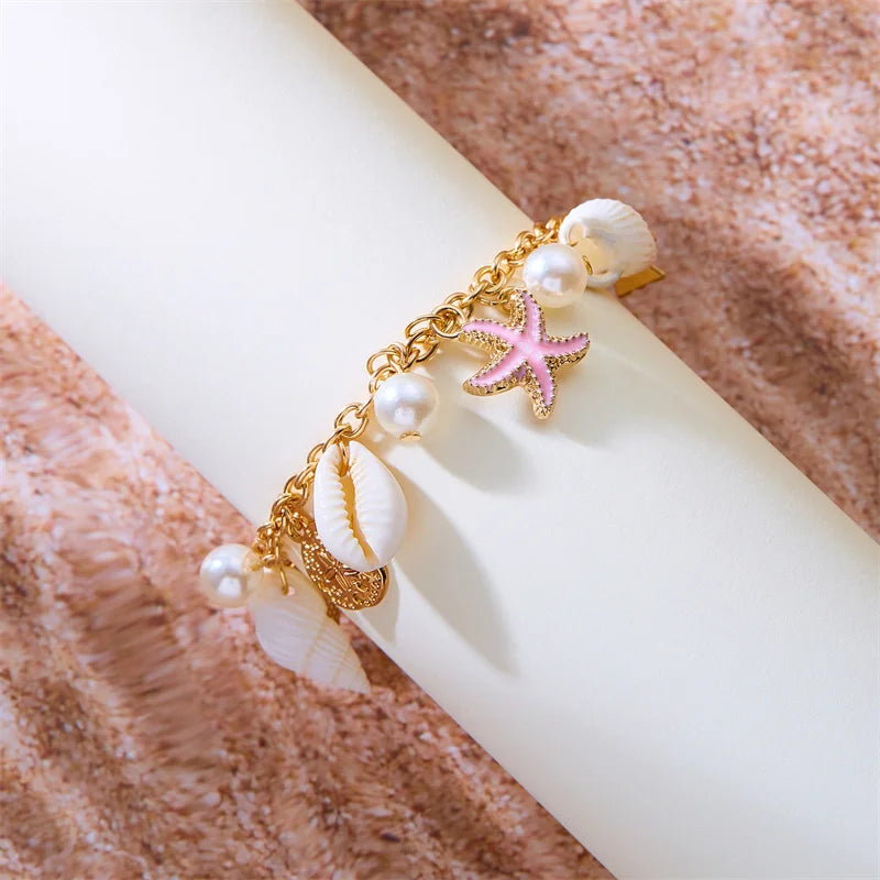 Summer Beach Trendy Pearl Shell Starfish Charm Bracelet for Women Gold Color Link Chain Bracelets Vacation Jewelry Accessories