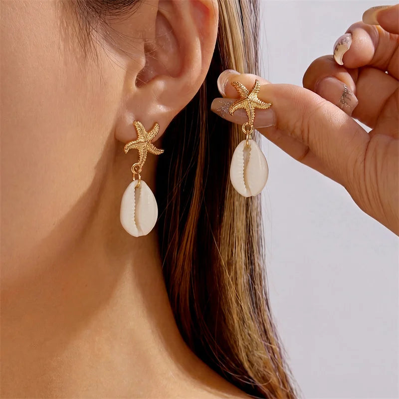 Boho Ocean Style Starfish Shell Pendant Earrings for Women Summer Seaside Conch Scallop Pearl Earring Beach Party Charm Jewelry