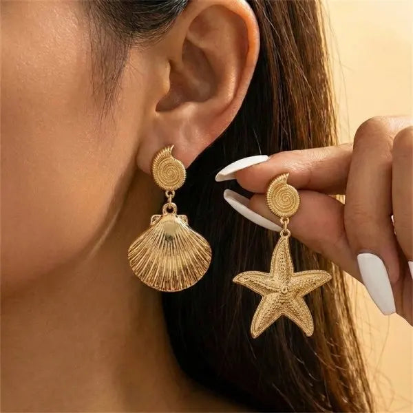 Boho Ocean Style Starfish Shell Pendant Earrings for Women Summer Seaside Conch Scallop Pearl Earring Beach Party Charm Jewelry