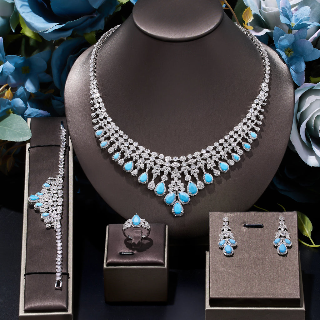 2026 Zircon Super Deluxe Tassel Water Drop Big Wedding Bridal Necklace Earrings 4 Pieces Nigerian Dubai Women's Jewelry Set