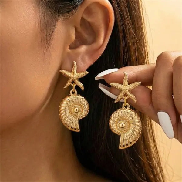 Boho Ocean Style Starfish Shell Pendant Earrings for Women Summer Seaside Conch Scallop Pearl Earring Beach Party Charm Jewelry