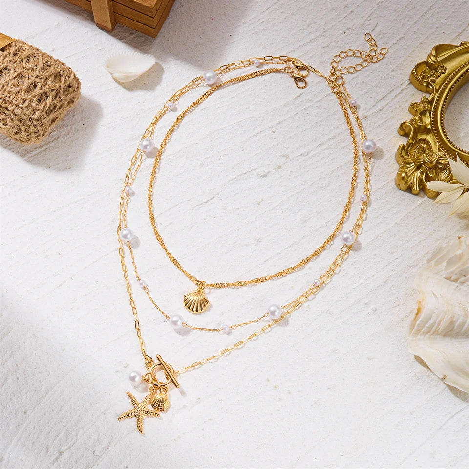 Bohemian Starfish Shell Pendant Necklace For Women Trendy Summer Beach Pearl Chain OT Buckle Choker Girls Travel Party Jewelry