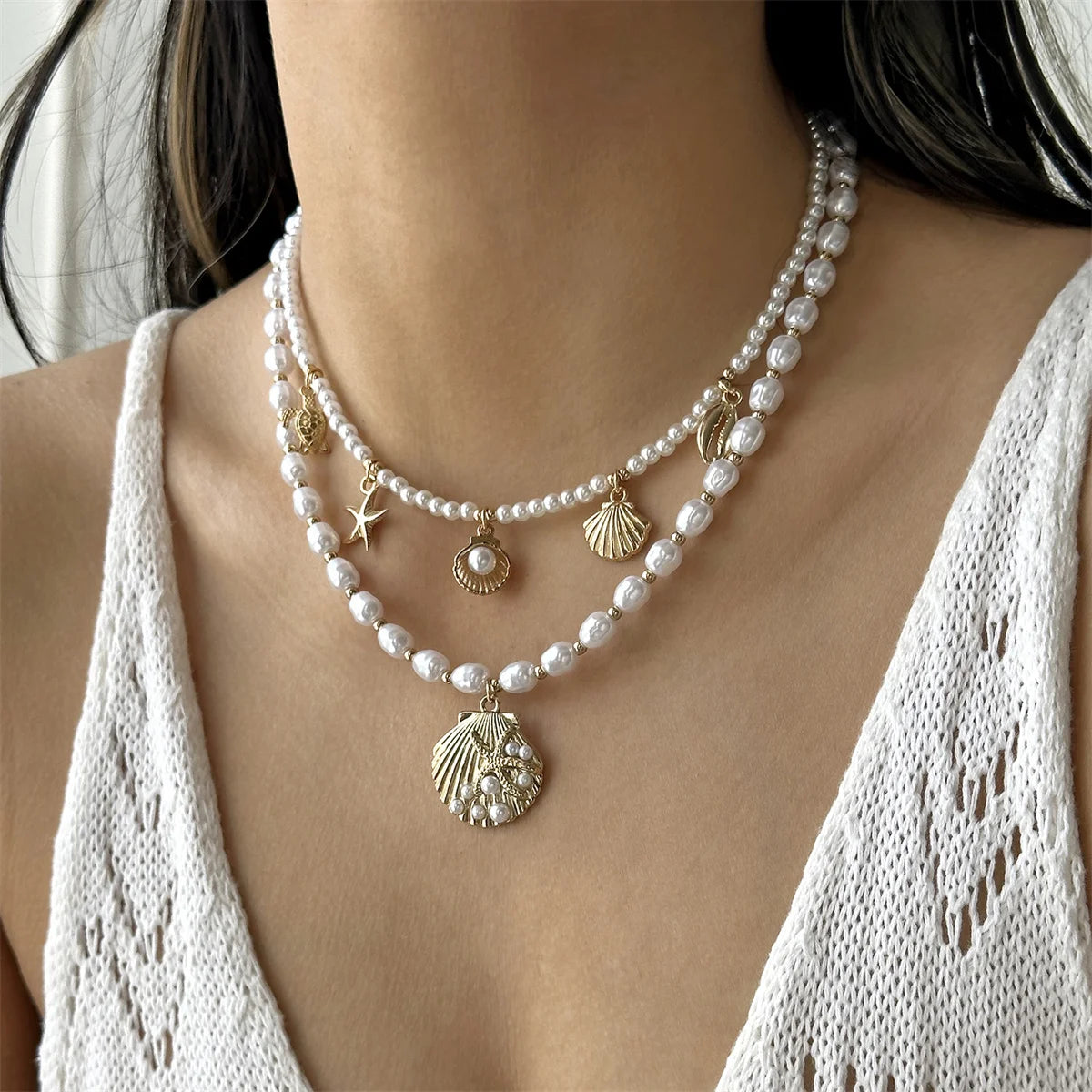 Bohemian Starfish Shell Pendant Necklace For Women Trendy Summer Beach Pearl Chain OT Buckle Choker Girls Travel Party Jewelry