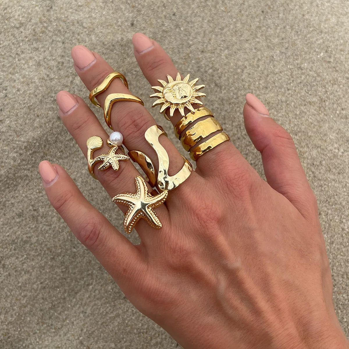 6Pcs/Set Vintage Sun Starfish Open Rings for Women Men Punk Irregular Pleated Pearl Ring Summer Holiday Personalized Jewelry