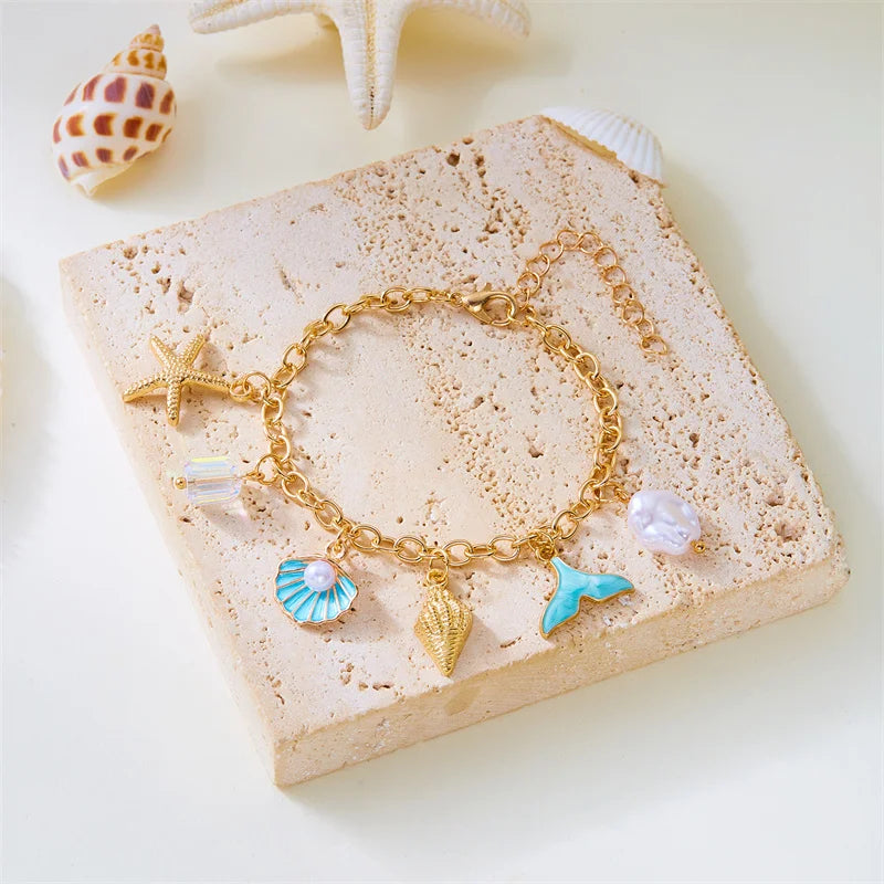 Summer Beach Trendy Pearl Shell Starfish Charm Bracelet for Women Gold Color Link Chain Bracelets Vacation Jewelry Accessories