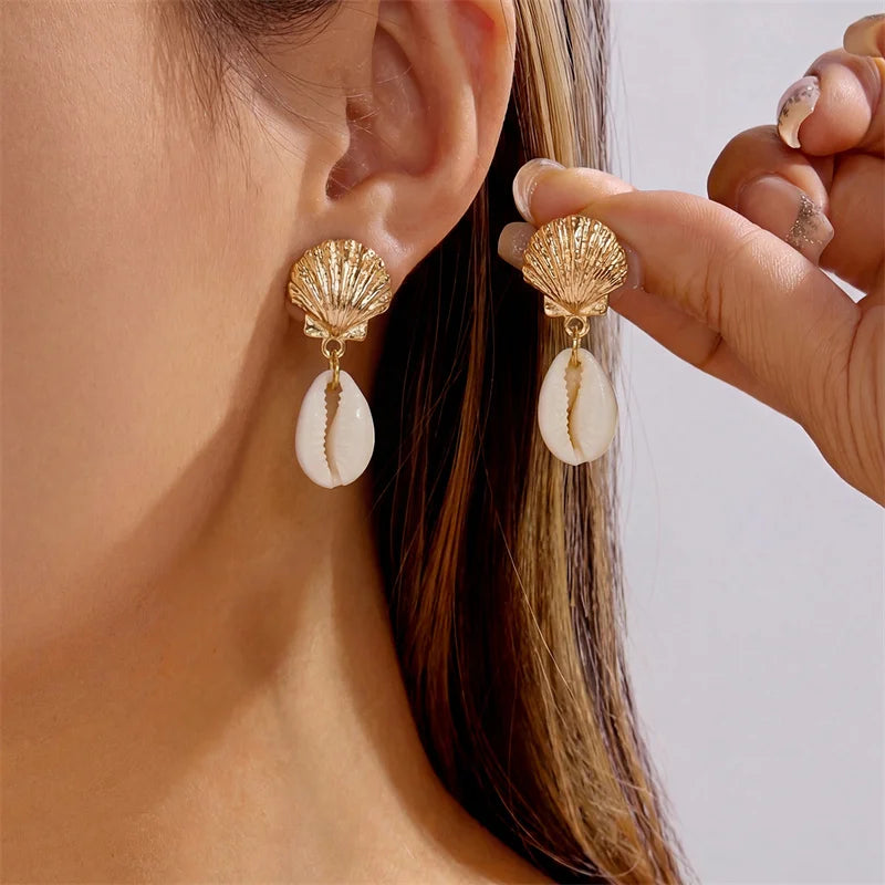 Boho Ocean Style Starfish Shell Pendant Earrings for Women Summer Seaside Conch Scallop Pearl Earring Beach Party Charm Jewelry