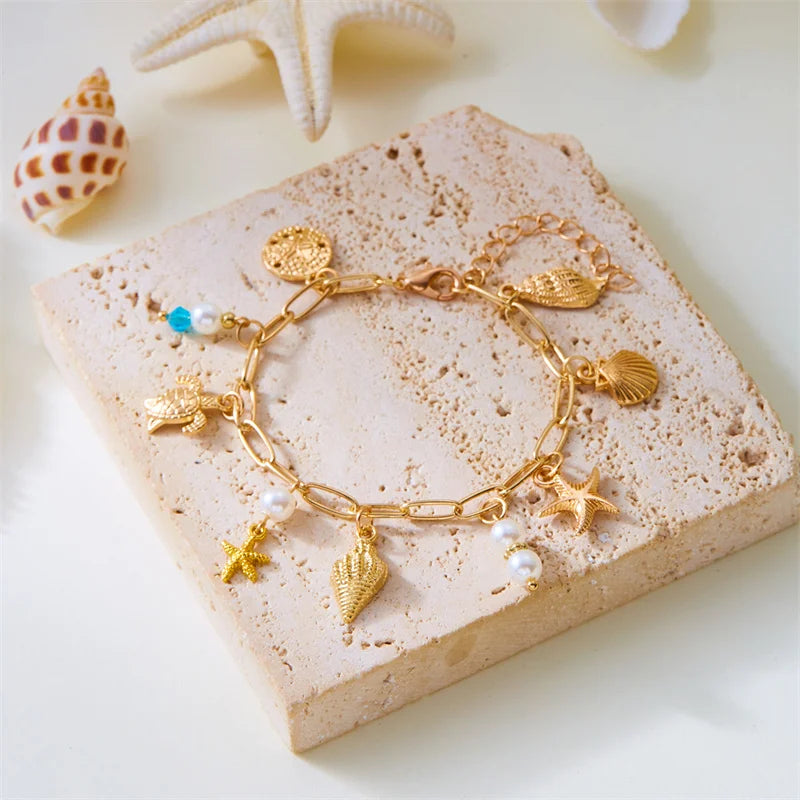 Summer Beach Trendy Pearl Shell Starfish Charm Bracelet for Women Gold Color Link Chain Bracelets Vacation Jewelry Accessories