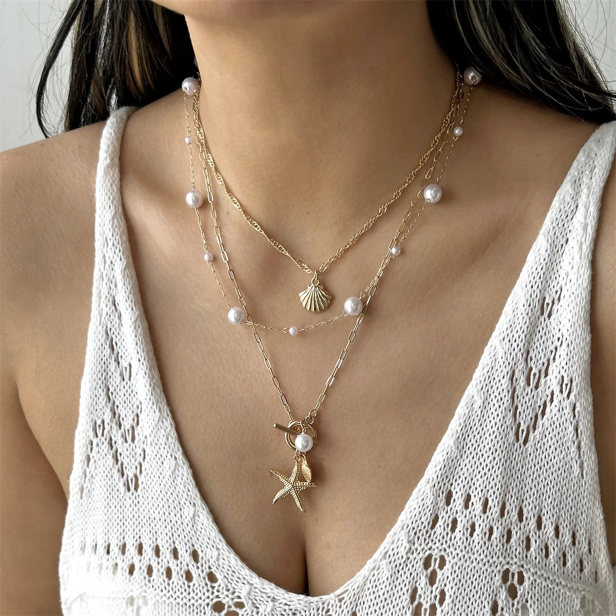 Bohemian Starfish Shell Pendant Necklace For Women Trendy Summer Beach Pearl Chain OT Buckle Choker Girls Travel Party Jewelry