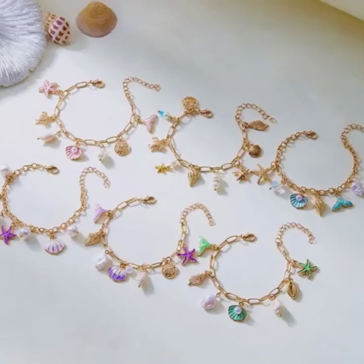 Summer Beach Trendy Pearl Shell Starfish Charm Bracelet for Women Gold Color Link Chain Bracelets Vacation Jewelry Accessories