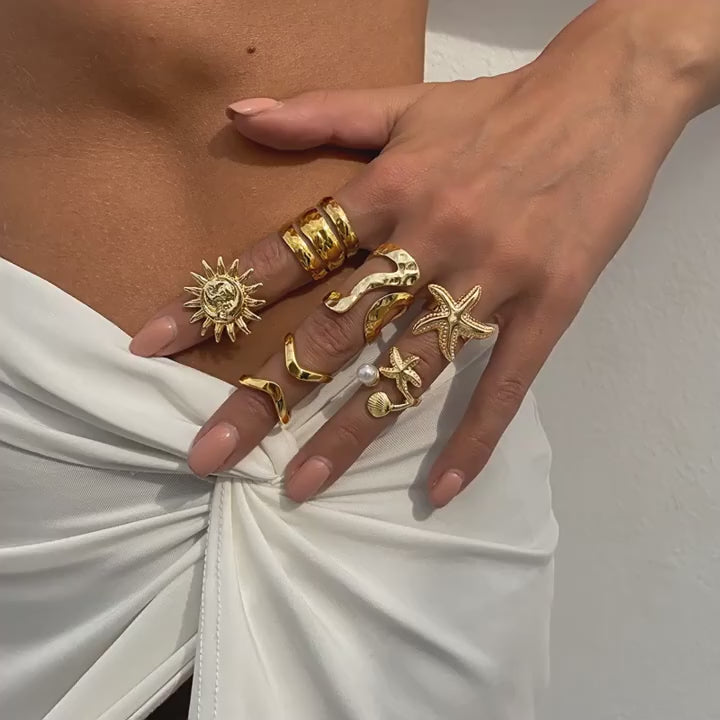 6Pcs/Set Vintage Sun Starfish Open Rings for Women Men Punk Irregular Pleated Pearl Ring Summer Holiday Personalized Jewelry